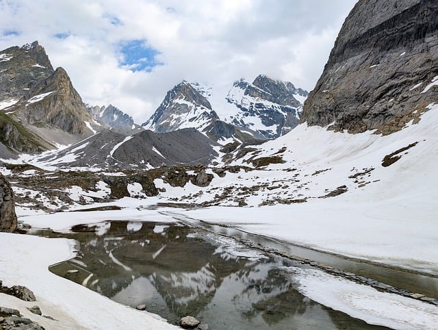 Snow-capped mountains reflecting in a clear lake