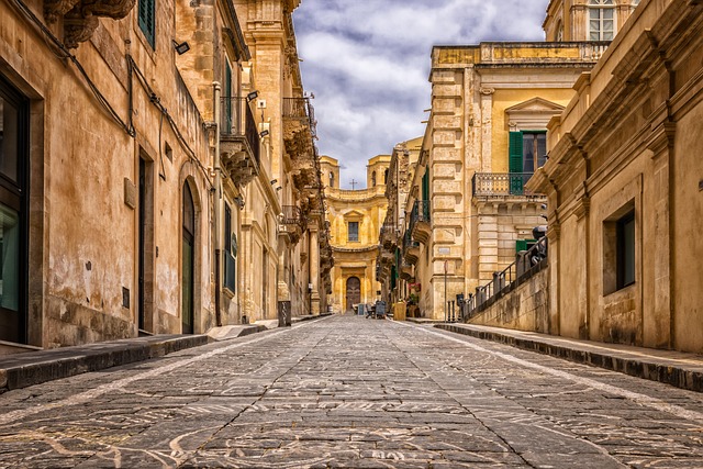 Historic city architecture with cobblestone streets